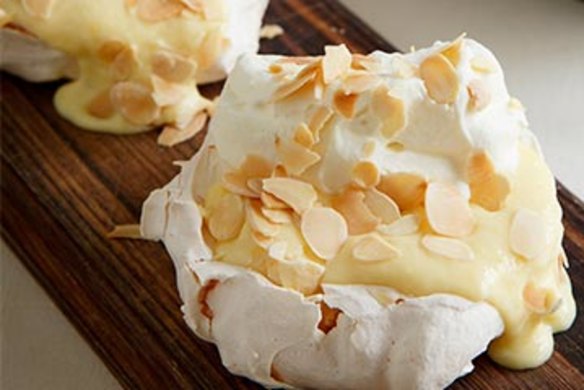 Rose meringues with apple curd and toasted almond.