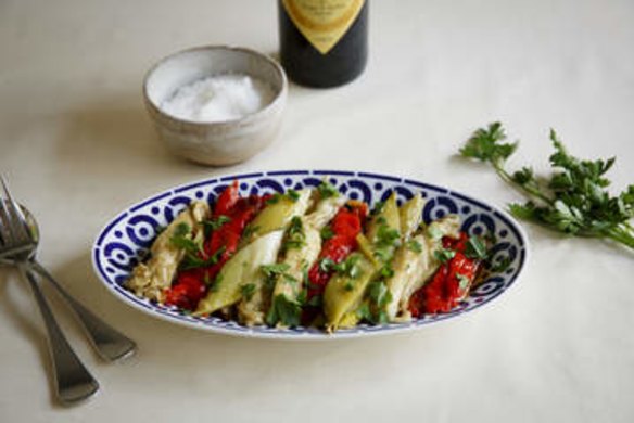 Roast leek, eggplant and red capsicum salad.