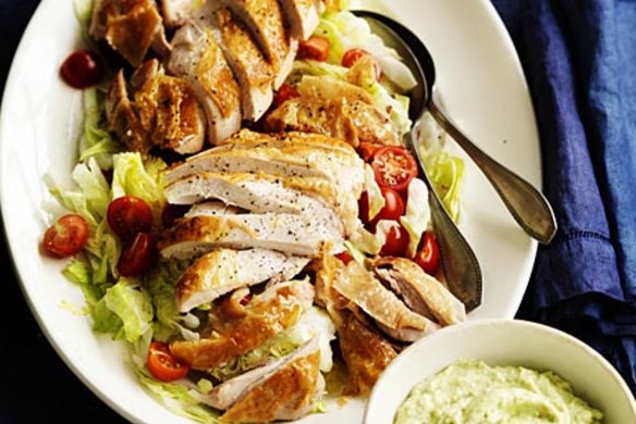 Roast chicken with tofu and avocado salsa.