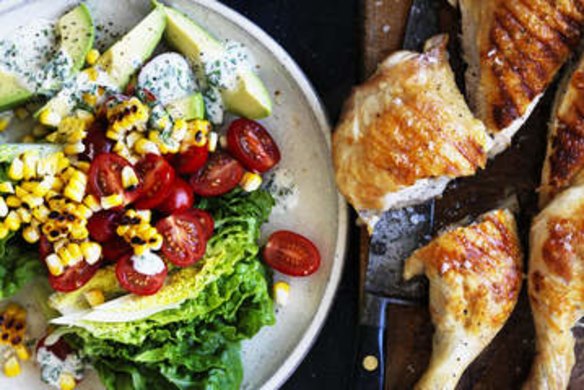 Barbecue chicken, corn and baby cos salad