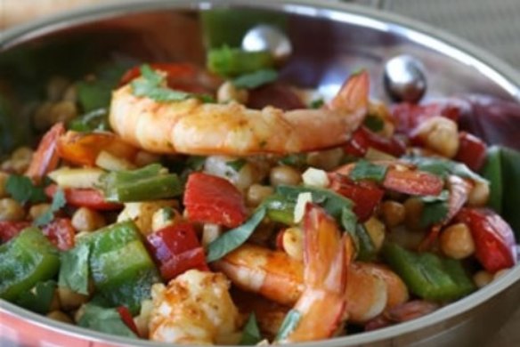 Pan-fried prawns with chickpeas and chermoula