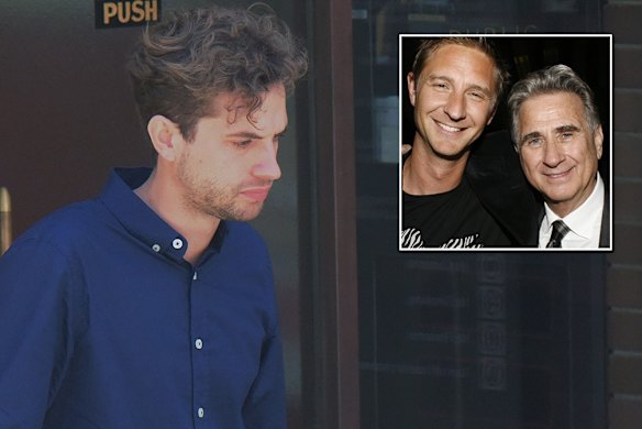 Edward Cameron leaves court in February. Inset: Justin Hemmes and his late father John.  