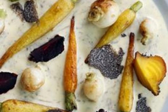 Roast young vegetables with truffle parmesan sauce