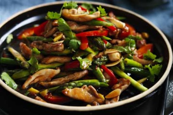 Stir-fried chicken and asparagus.