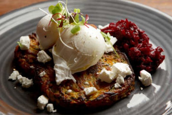 Zucchini fritters and poached eggs at Millstone Pattiserie.