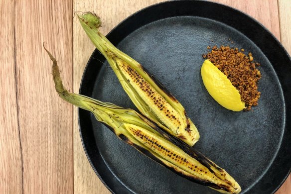 Grilled baby corn with fermented beancurd and typhoon shelter crumb at Sunda.