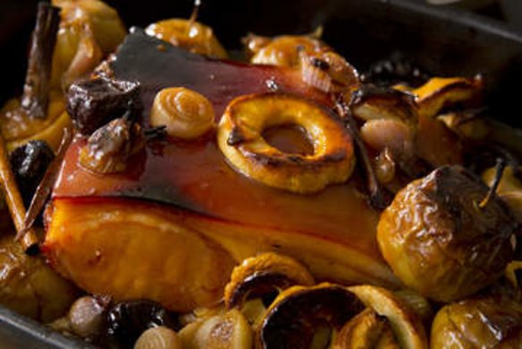 Cider-braised smoked bacon with apples and prunes.