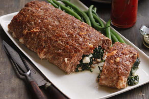 Roast meatloaf stuffed with spinach and mozzarella.