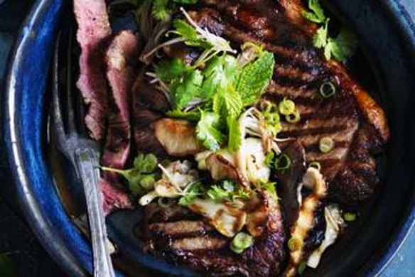 Sirloin steak with Asian mushroom and herb salad.