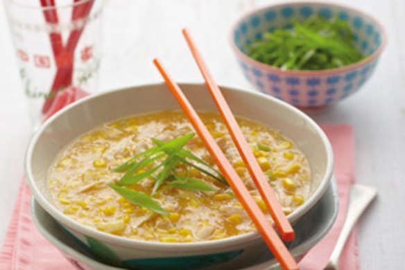 Begin a banquet with a bowl of chicken and corn soup.