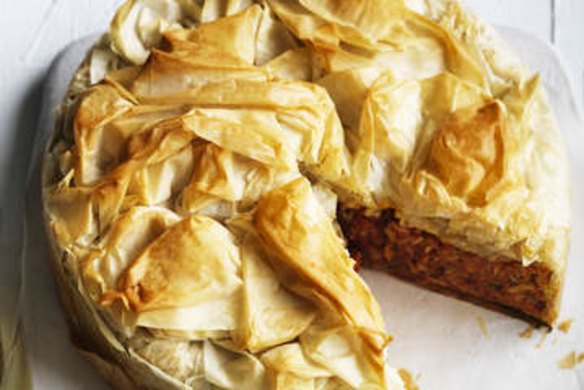 Pumpkin, rice and dill filo pie.