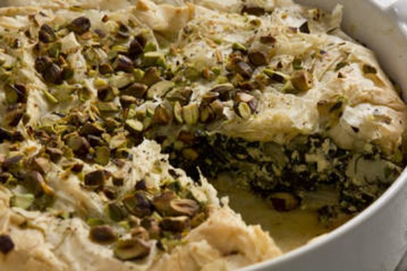 Filo pie with greens, feta and pistachios.