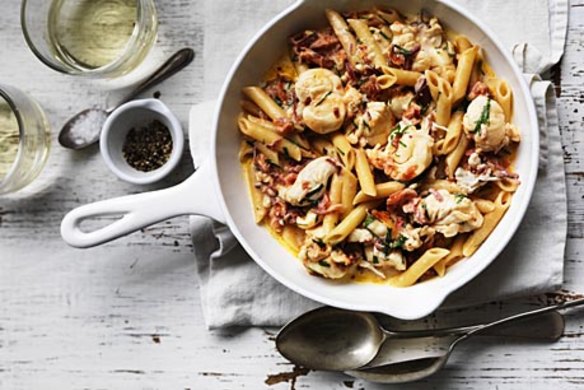 Penne with lobster and prosciutto.