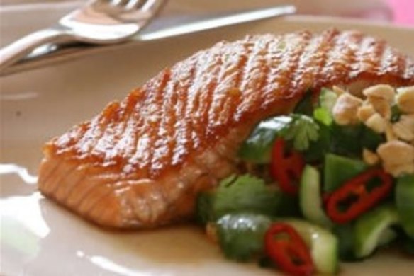 Barbecued atlantic salmon with cucumber-and-herb salad