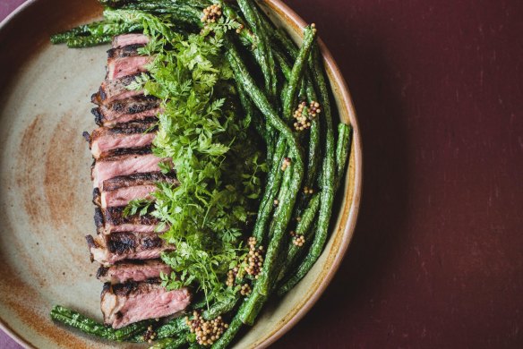 Sirloin steak, snake beans and salsa verde. 