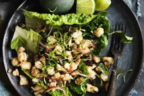 Warm spicy prawn salad.