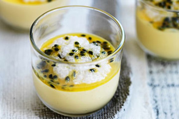 Coconut sago pudding with passionfruit mousse.