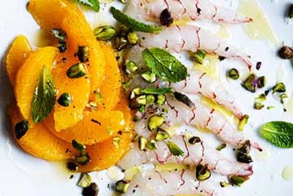 Scampi crudo with orange, pistachio and mint.