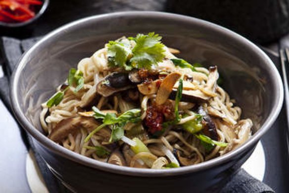 Egg noodles with shitake and bacon.