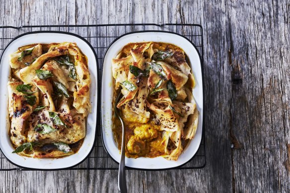 Malaysian-style pumpkin and chicken curry pie with roti. 