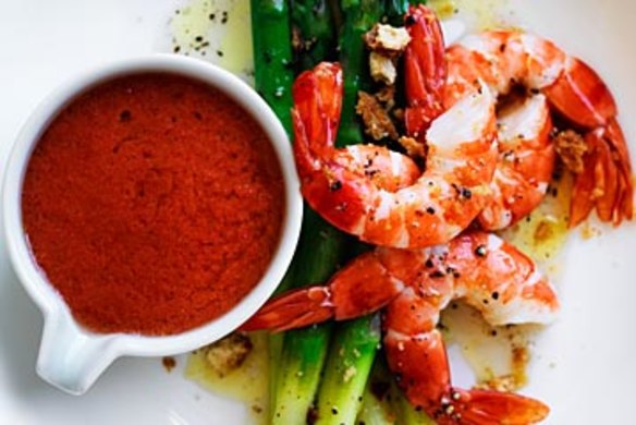 Neil Perry's prawns and asparagus with gazpacho.