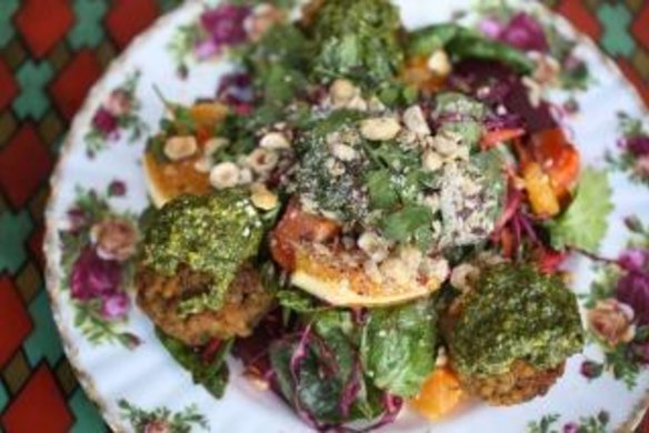 Big salad: Mint, zucchini and pearl couscous polpette salad.