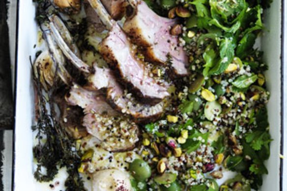 Lamb rack with quinoa salad and tahini sauce.