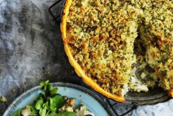 Fish pie, sweet potato crust and herb crumbs.