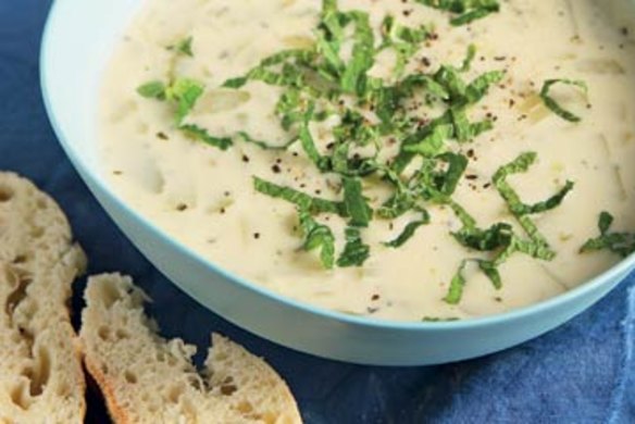 Barley, celery and yoghurt soup.