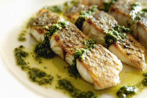 Pan-fried barramundi with salsa verde.