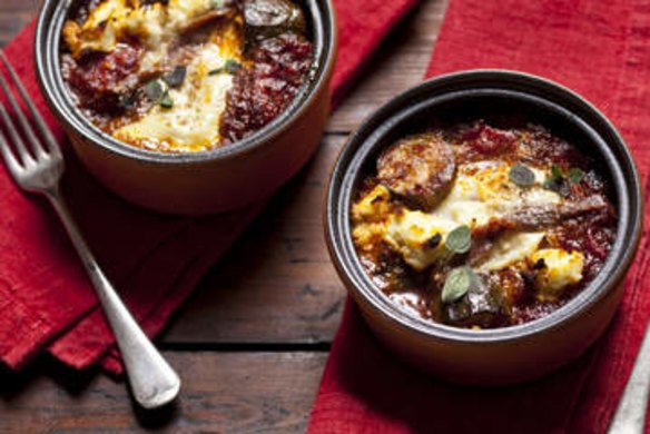 Eggs with ratatouille, ricotta & anchovies. Karen Martini RATATOUILLE recipes for Epicure and Good Food. Photographed by Marina Oliphant. Styling by Caroline Velik. Photographed May 28, 2013. The Age Newspaper and The Sydney Morning Herald.