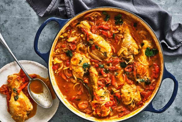 Roman-style chicken with peppers, onions and tomatoes.