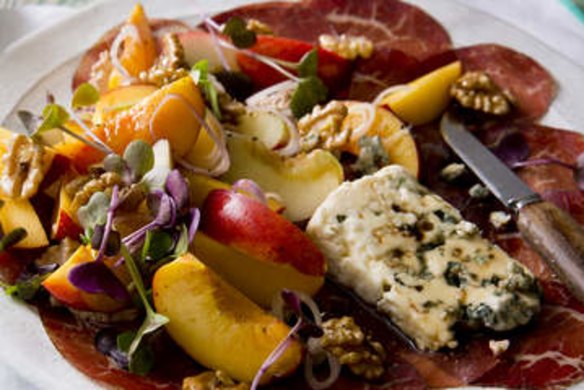 Bresaola with walnut paste, nectarine, radish cress and roquefort.