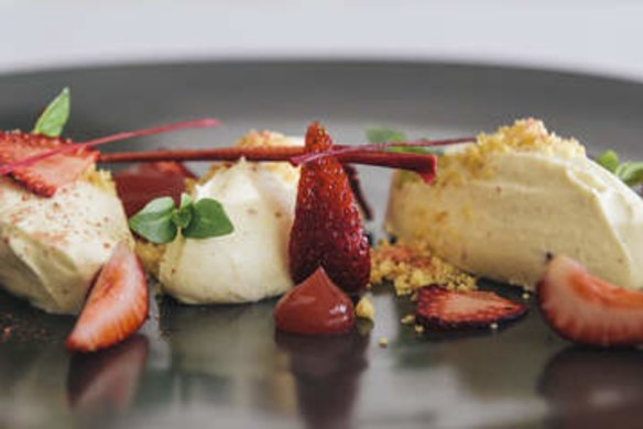 Pedro Ximenez cheesecake, strawberries, rhubarb, citrus crumb and basil.