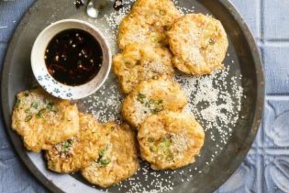 Kimchi pancakes with tamari and sesame dipping sauce.