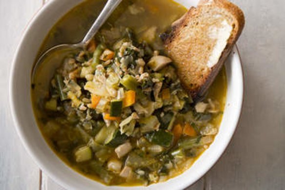 Chicken and barley vegetable soup.