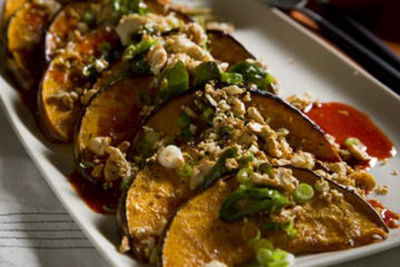 Roasted pumpkin and cashew with gochujang, sesame and rice wine vinegar.