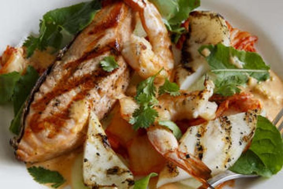 Barbecued seafood with cucumber and kimchi salad.