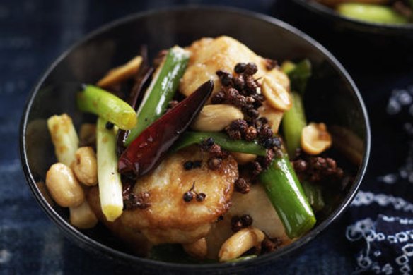 Stir-fried blue-eye trevalla with peanuts and dried chilli.