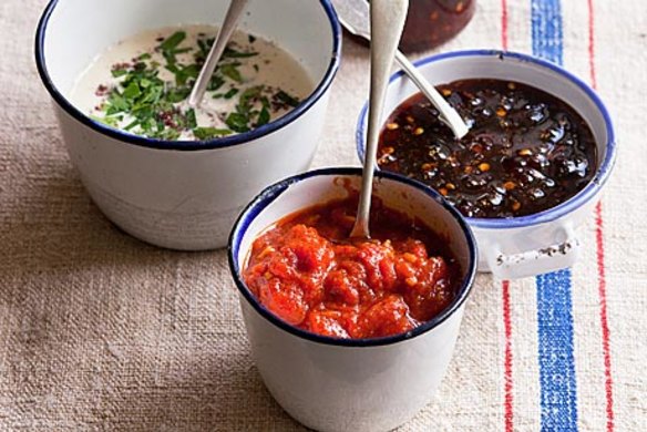 Spicy sweet chilli sauce, tahini and chilli relish.