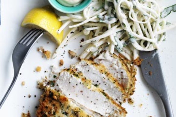 Crumbed swordfish with celeriac remoulade.