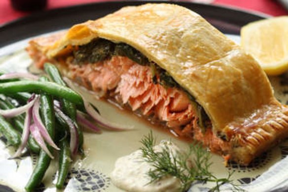 Salmon and spinach en croute with dill creme fraiche.