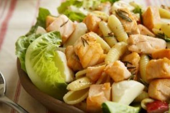 Poached salmon pasta salad is a lovely option for the warmer months. 