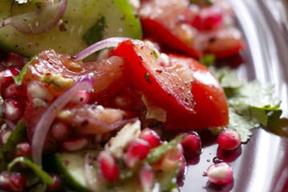 Pomegranate, feta, cucumber and mint salad.