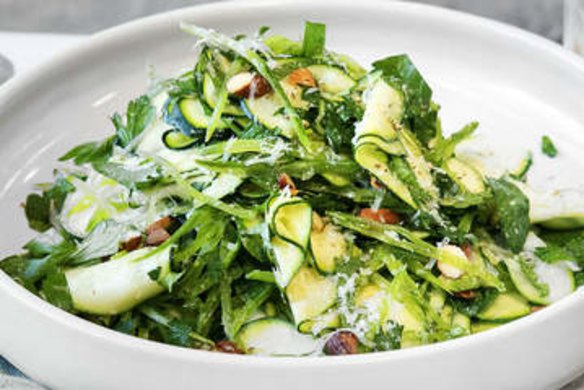 Shaved zucchini, snow peas, almonds salad.