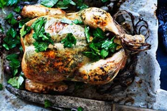 Roast tarragon chicken with lemon, caper and oliver salad.