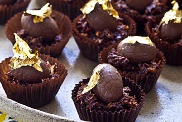 Hazelnut chocolate nests. Karen Martini EASTER recipes for Epicure and Good Food. Photographed by Marina Oliphant. Styling by Andrea Geisler. Photographed March 5th, 2013. The Age Newspaper and The Sydney Morning Herald.