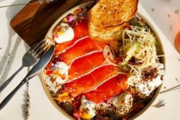The beetroot-cured salmon looks too busy for its own good but it somehow works.