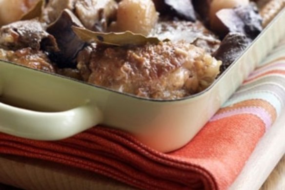 Chicken cooked with butter, white wine and porcini mushrooms