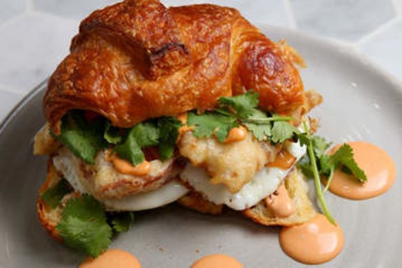 Soft-shell crab croissant burger at White Mojo cafe in Melbourne.